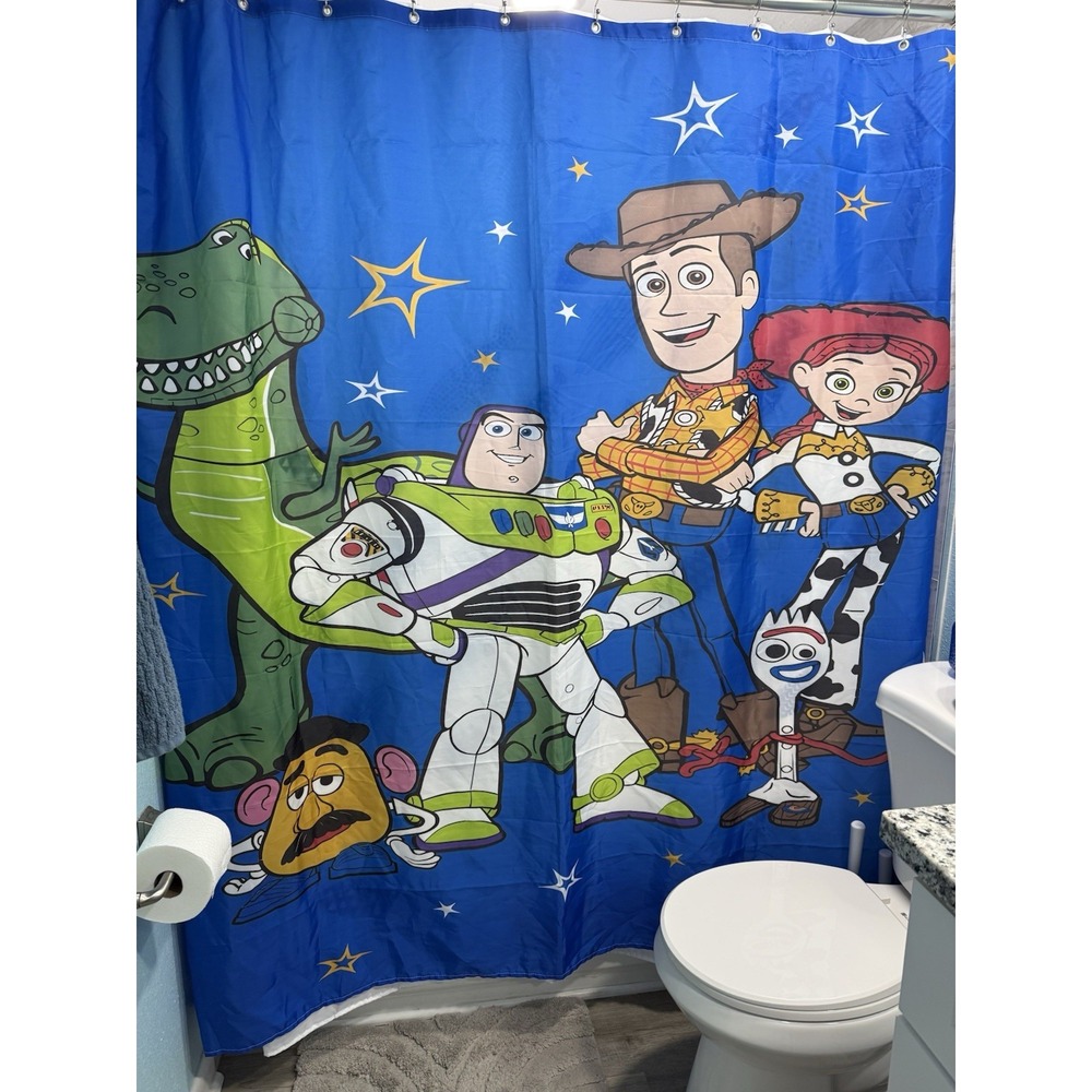 Blue Toy Story Theme Children's Shower Curtain with Woody Buzz Lightyear Jessie